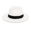 Classic white wool fedora hat with a wide black decorative band for a retro look - One Size / White