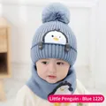 Blue knit baby hat and scarf set with cute penguin embroidery and white pom pom - Little Penguin Hat & Scarf Set - Ice Blue