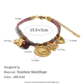 Bracciale bohémien in acciaio inossidabile dorato 18K con ciondolo a sole e cordino colorato - Braccialetto con Pendente Emoji Faccia di Sole in Corda Intrecciata Colorata / Oro