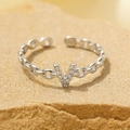 S925 silver hollow V-shaped letter ring with diamonds and adjustable chain design - Silver-Letter V