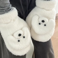 Close-up of white plush teddy dog mittens featuring soft faux fleece texture and cute face - Hanging Neck Mittens / White