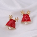 Christmas bell stud earrings with red enamel finish, gold antlers, and pearl drops - Elk Head 2