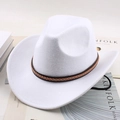 Western white felt cowboy hat with brown braided leather band and classic creased crown - One Size 57-58cm / Leather Braid Decor / White