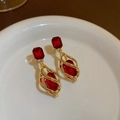 Golden spiral earrings with red rectangle gemstone crystals in vintage palace style - Festive Retro High-end Style (18#)