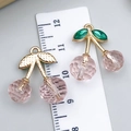 Pink crystal cherry pendants with gold leaf detailing for DIY jewelry necklace making - Clear Pink Resin Green Stone Cherry (23427)