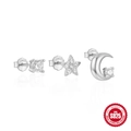 S925 sterling silver mini stud earring set with star, moon and round zircon stones - Platinum Crescent