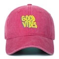 Detail of Good Vibes 3D embroidery on washed cotton rose red baseball cap texture - Rose Red