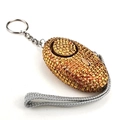 Close-up of golden rhinestone emergency personal alarm with braided wrist strap - Orange