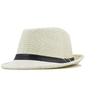 Classic straw fedora hat in cream with black leather band for summer sun protection - M(56-58cm) / Cream