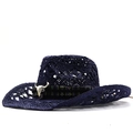 Dark blue woven straw jazz hat with ethnic band and bull head ornament for summer - M(56-58cm) / Navy Blue