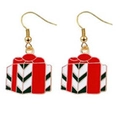 Detailed view of Christmas gift box earrings in festive red, white and green enamel design - Red Gift Box