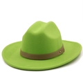 Detail view of neon green felt wool fedora hat with brown leather band and gold stud - M (56-58cm) / Fruit Green