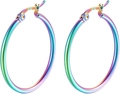 Large iridescent rainbow stainless steel hoop earrings with secure lever-back closure - Colorful