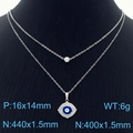 Silver double layer stainless steel necklace with blue evil eye enamel pendant charm - Steel Blue (KN283034-TJG)