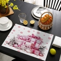 Pink Christmas placemat with gift box patterns on a wooden table setting - CD57-36