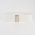 Detail of a white elastic waist belt featuring a polished silver rectangular metal buckle - White Silver
