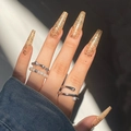 Uñas postizas largas tipo ataúd doradas con purpurina, lentejuelas y anillos de moda - Estilo de Pegamento de Lentejuelas Doradas Brillantes (CBLCY-78)