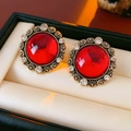 Vintage style gold earrings featuring red gemstones and crystal accents in variant finish - Red Flower Round Rhinestone Studs (No.11 S925 Silver Pin)