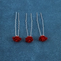 Close-up of three red flocked rose U-shaped hair pins with textured silver wavy metal stems - Velvet Rose Style (FZ-001) / 3pcs / Red