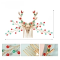 Detailed view of handmade Christmas elk hair comb with crystals and dimensions - Antler Hair Comb / Gold with Red & Green Beads