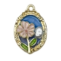 French vintage enamel flower pendant with pearl inlay in gold finish for necklaces - Blue Oval Cherry Blossom-22092