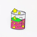Creative beaker enamel pin with pink liquid, moon and stars in black metal outline - Beaker Star Moon