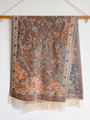 Detail of pashmina scarf featuring complex paisley jacquard patterns and elegant fringes - 70*180cm / T132-02 Brownish Tone