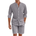Men's grey linen casual summer set featuring long sleeve button shirt and shorts - S / Dark Gray