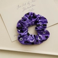 Purple Halloween scrunchie with skull and bat prints on vintage satin fabric - Night Bat Print Large 11cm (Purple)