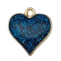 Golden heart pendant with deep blue glitter filling and integrated connector ring - 1 Piece/Pack (15x17mm)