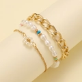 Three-piece gold-tone bracelet set with layered chains, pearls, and flower pendant - Gold (6005)