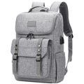 Detail of grey Oxford fabric backpack with vintage buckle straps and external USB port - Gray