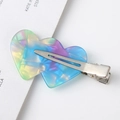 Detailed macro view of colorful mosaic acetate double heart hair clip with metal spring - 27# Heart Shape Iridescent / 6cm