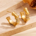 Macro detail of gold-plated bamboo-shaped titanium earrings with inlaid zircons on stone - Bamboo Stone-set