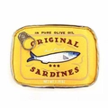 Detailed close-up of retro sardine tin pouch featuring yellow fabric and embroidery - Yellow