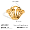 Detailansicht des goldenen Muschelrings aus Edelstahl mit Abmessungen und Daten - Hohles Muschel-Design (JDR0305017)