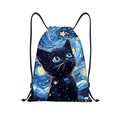 Detalle de mochila de cuerdas con estampado de gato estilo Van Gogh y cordones negros - Gato Noche Estrellada de Van Gogh (jiayingskd59)