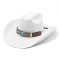 White wool felt cowboy hat with 9.5cm brim, ethnic band and turquoise turquoise buckle - M(56-59CM) / White