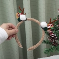 Plush Christmas reindeer antler headband with festive candy cane and pom poms in hand - 29# Coffee Antlers White Fur Green Ball