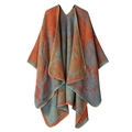 Thick knitted shawl in orange and blue abstract patterns with high-quality stitching - One Size / Landscape Pattern - Orange Blue