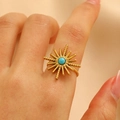 Vintage Sonnenring Gold mit Türkis Stein und Perlenstruktur am offenen Ringband - Exotischer Sonnenstrahlungsstil (DZ-142) / Gold / Türkis
