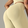 Light yellow seamless ribbed yoga leggings with high waist and scrunch butt detail - S / Bottoms / Khaki