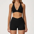 Black two-piece workout set with high-waist cross-waistband shorts and sports bra - S / 2044 Bra + 2030 Shorts - Premium Black
