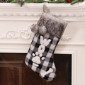 Black and white plaid Christmas stocking with grey faux fur trim and WOOF bone applique - Black and White Plaid Christmas Stocking