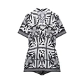 Damen-Playsuit in Schwarz-Weiß mit Blumenmuster, kurzen Ärmeln und Knopfleiste - XS