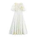 Abito lungo bianco floreale con scollo a V, maniche a sbuffo e ricami gialli - XS / Bianco