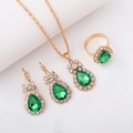 Golden bridal jewelry set featuring green teardrop gemstones and crystal necklace set - Three-Piece Set / Waterdrop-Green