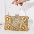 Mini evening clutch with yellow flower rhinestones and large gold circular handle - Rectangle Pillow Box - Gold