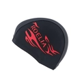 Adult black swimming cap featuring a red ROELIA flame logo made of soft nylon fabric - Red Flame Design