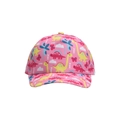 Detailansicht der rosa Kinder-Baseballkappe mit bunten Dinosaurier- und Palmenmustern - Rosa Dinosaurier